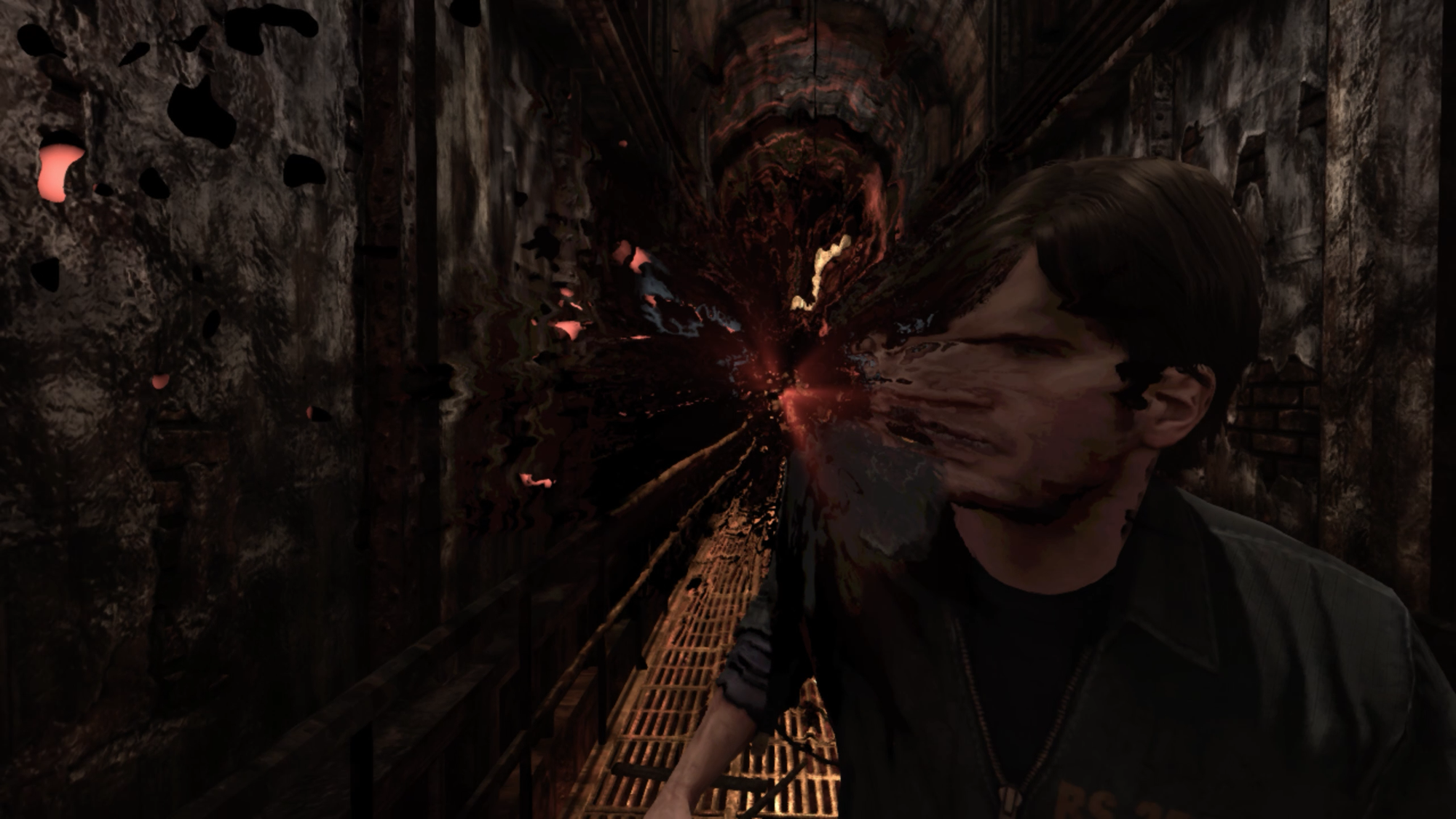 Running down a corridor, the player-character looks over their shoulder, their face disorted by the Void.