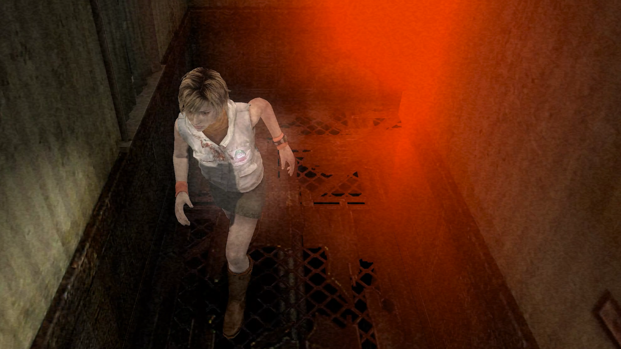Heather is chased through corridors by a red light in Silent Hill 3.