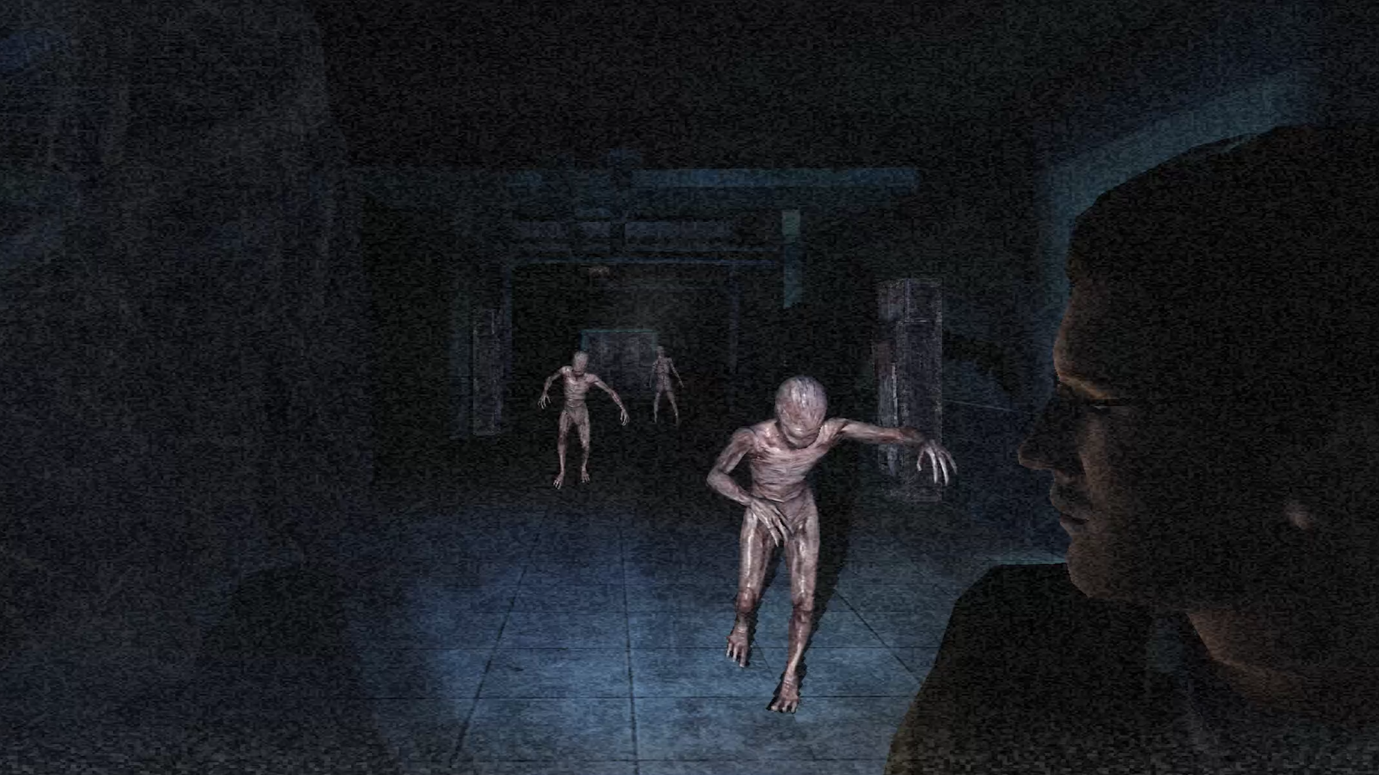 Fleshy humanoid monsters chase the player-character down a dark hallway.