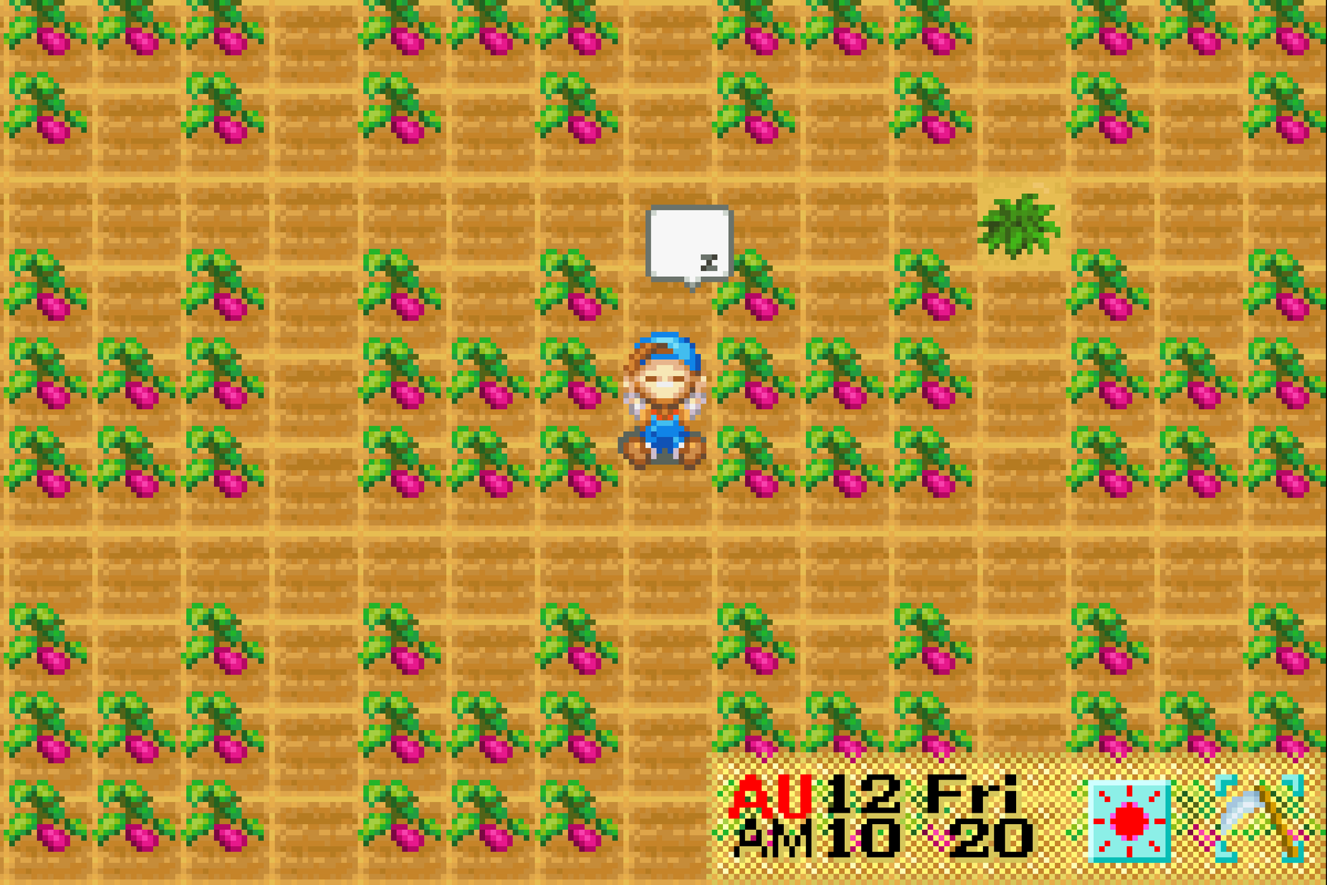 The Harvest Moon protagonist sleeps in the middle of a field full of plants.
