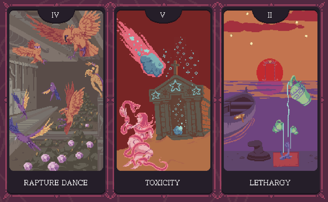 Three Tarot cards, called Rapture Dance, Toxicity and Lethargy. They depict exotic birds, a meteor hitting an ancient temple, and a boat sailing out over a purple sea at sunset. 