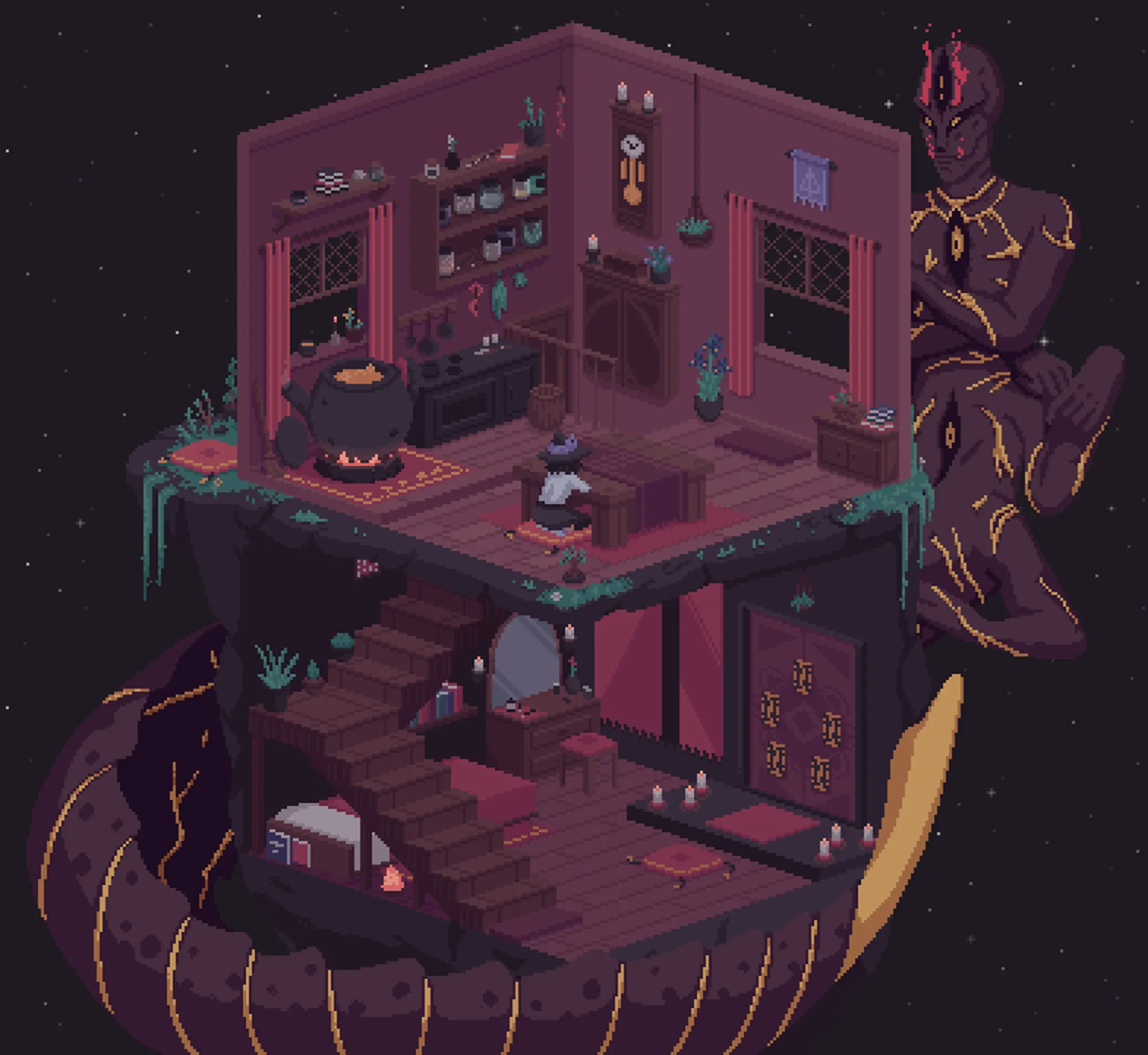 A massive alien creature encircles the witch house, floating in space. 