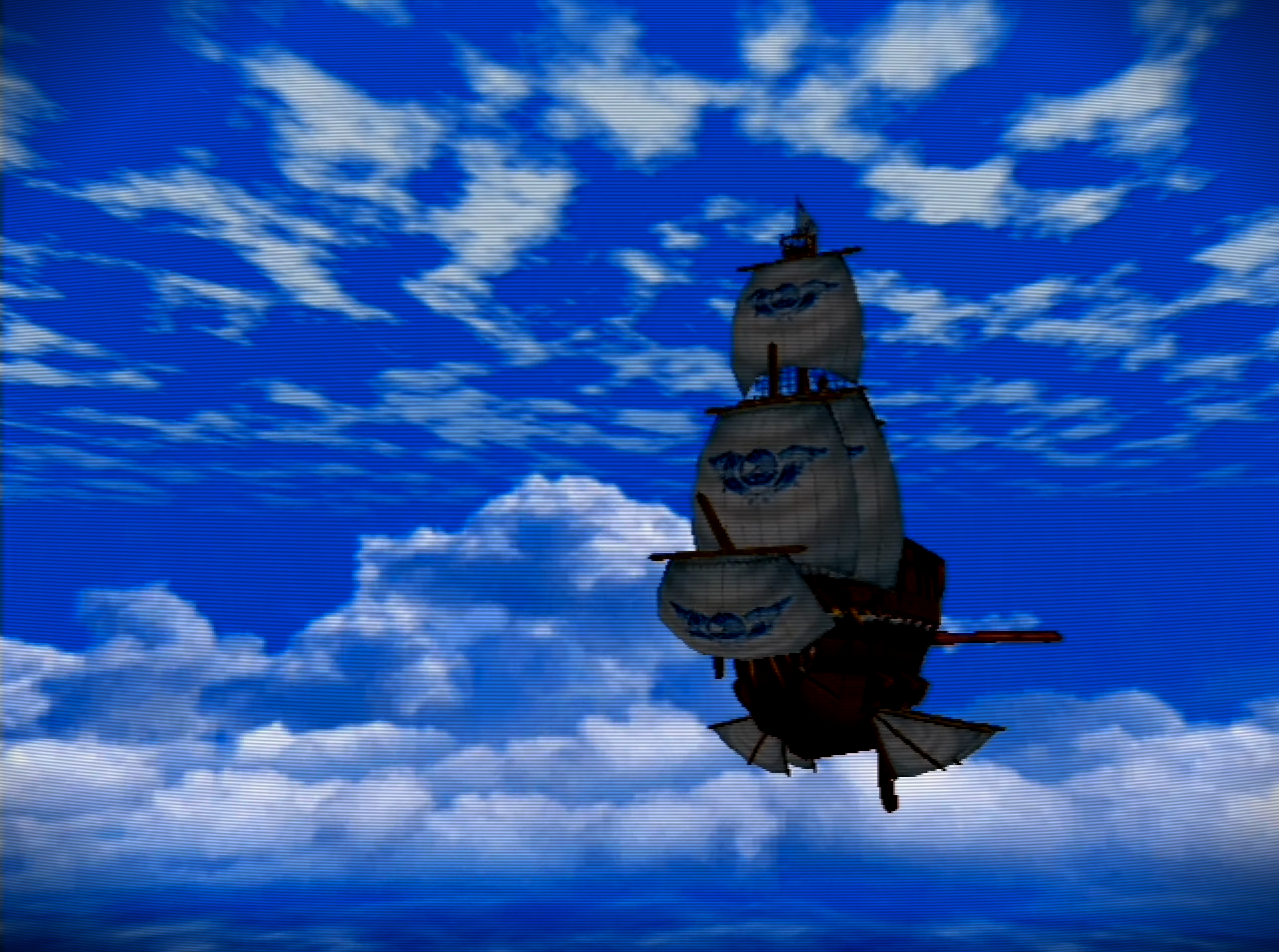 An old-fashioned tall ship flies through a blue sky filled with white fluffy clouds.