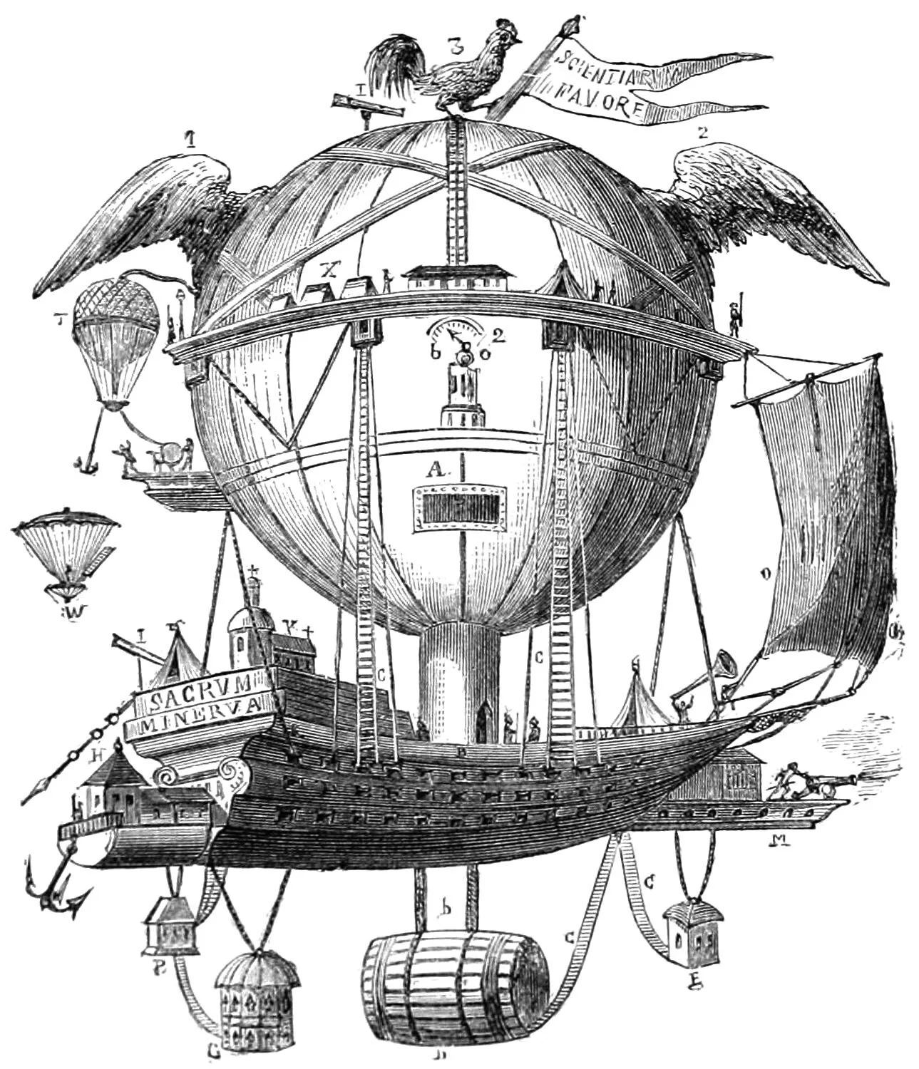 A fanciful illustration of a flying ship, drawn in black and white. The boat is shaped like an old-fashioned frigate, held up by a large balloon with a cockerel on top. A beer keg sits underneath the boat, while on the deck there is a church, tents, people with telescopes, a man with a cannon, and smaller balloons taking off from the side. 