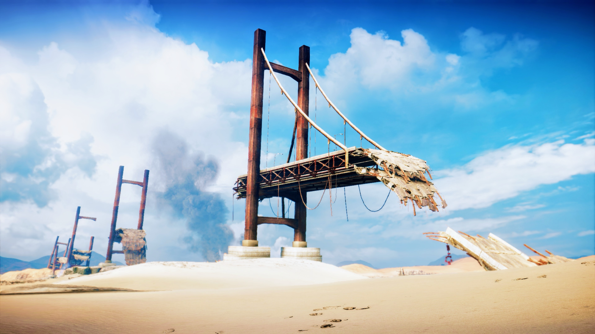 a desert landscape from Mad Max, with a bright blue sky and decaying bridge