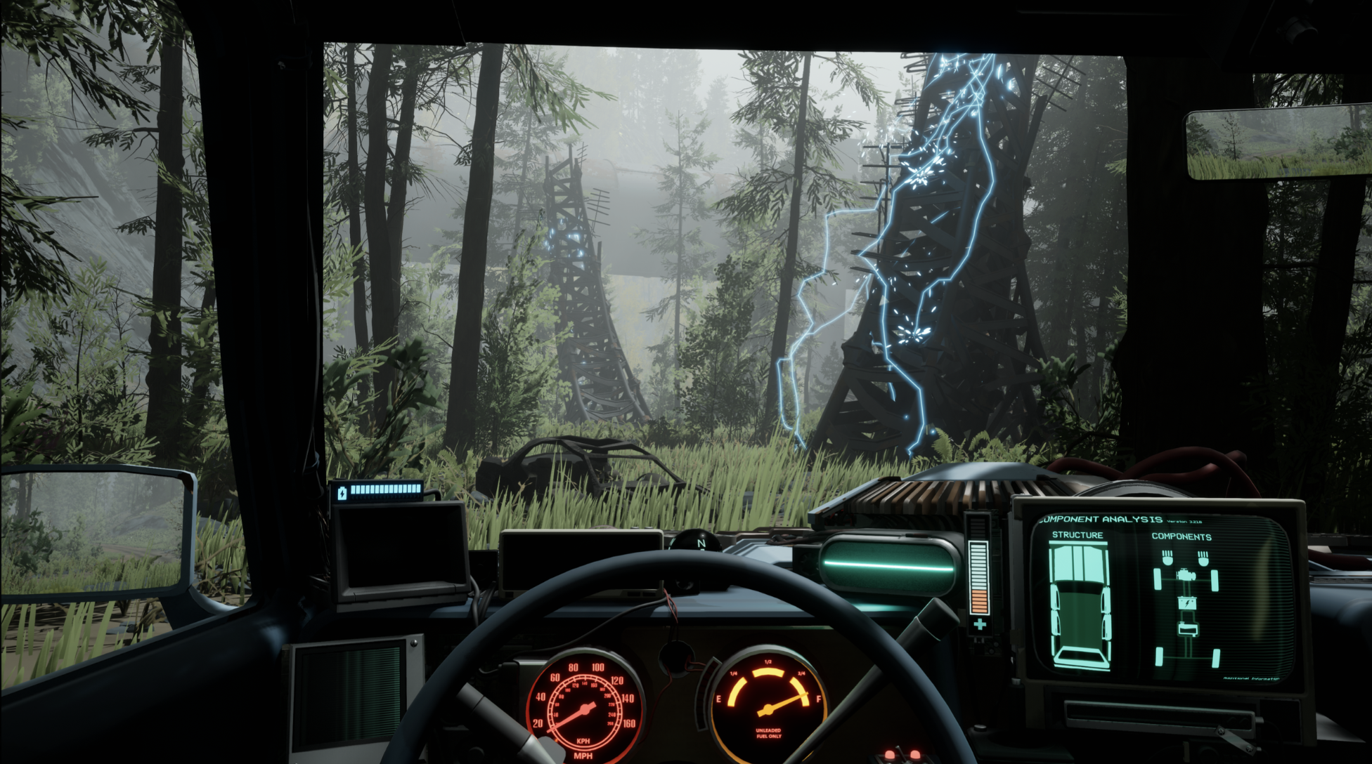 The player drives a retro car with old CRT monitors on the dashboard. Seen through the windscreen is a forest with strange structures and lightning.