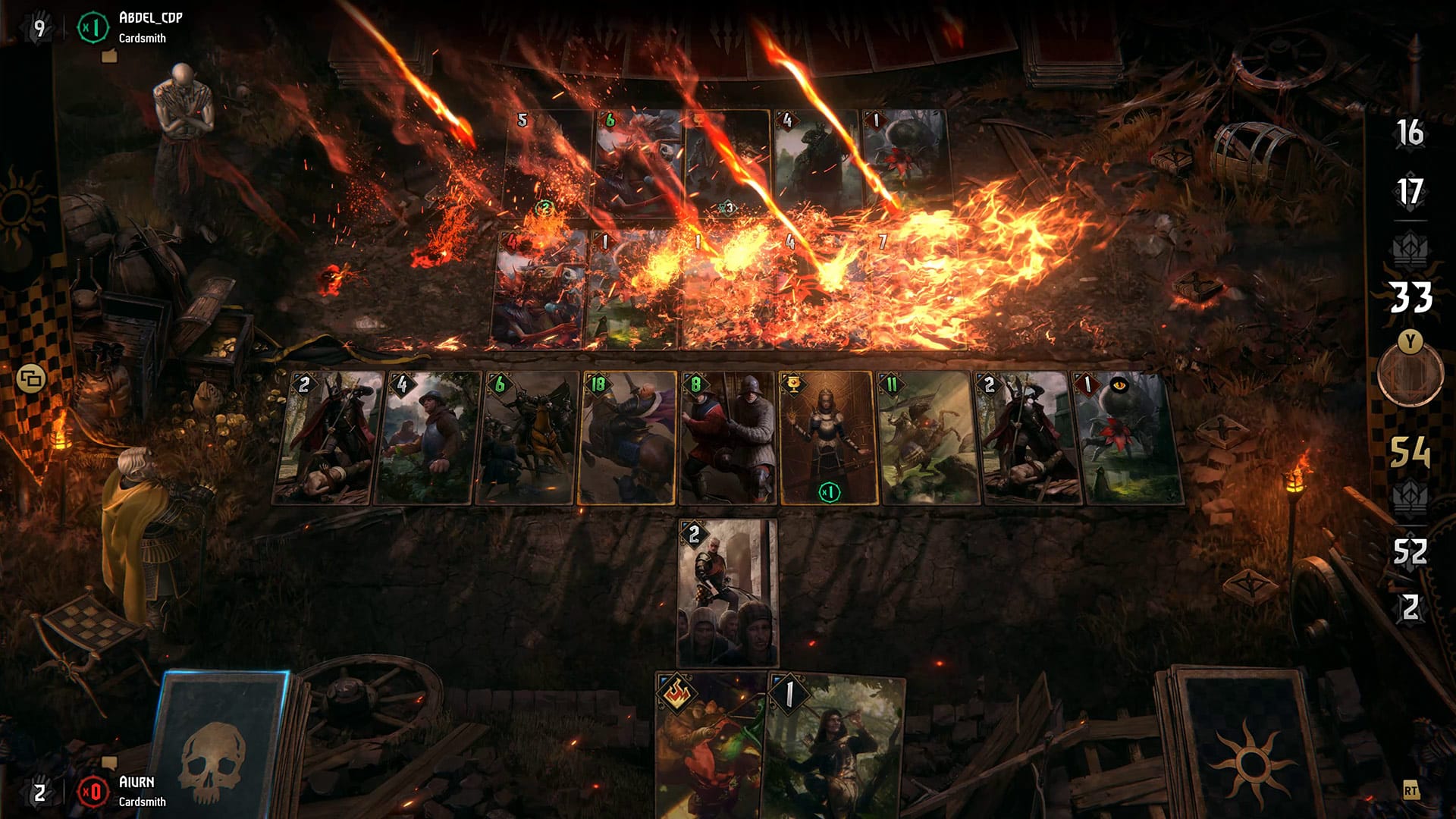 Fire effects rain down on a medieval-themed card deck in the Gwent standalone game.