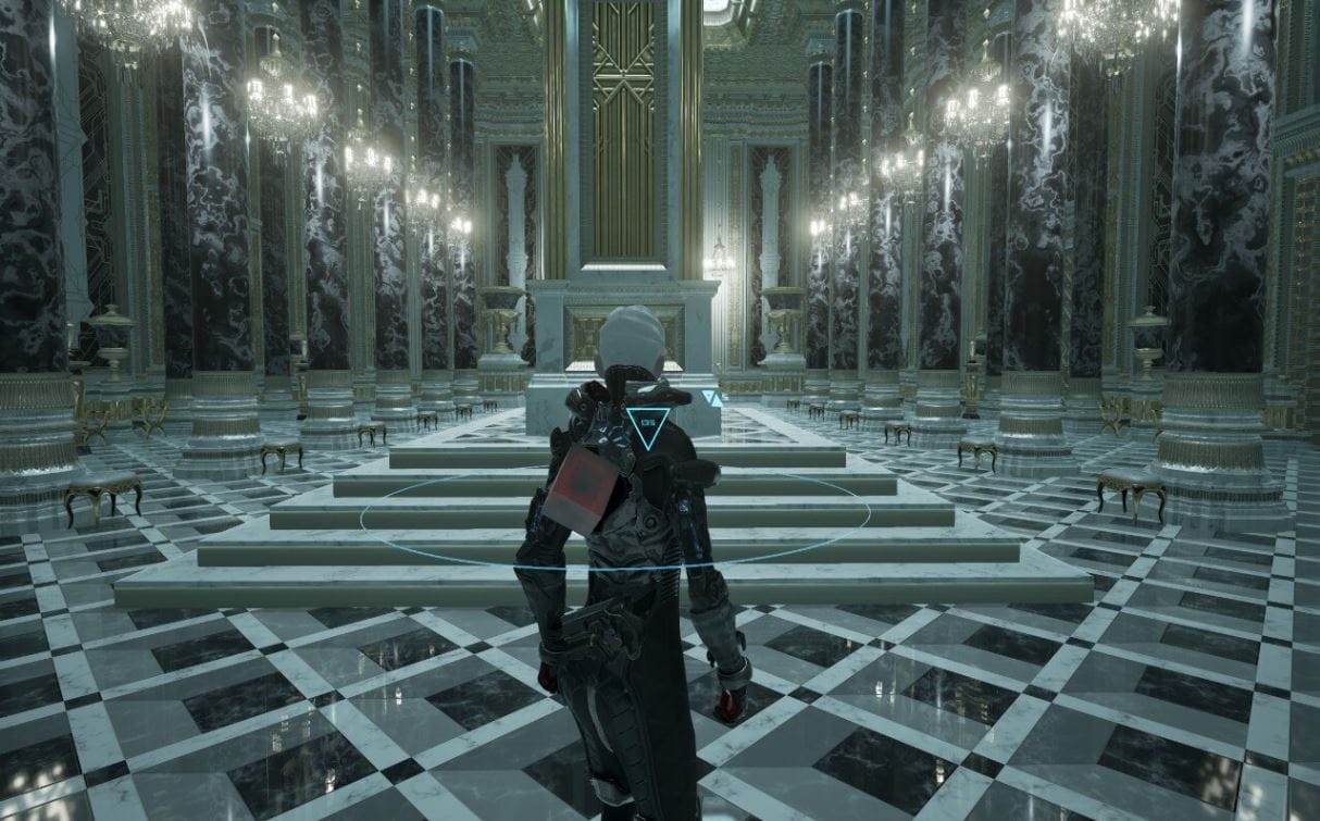 Player-character En stares out towards a vast salon of white marble in the Palace.