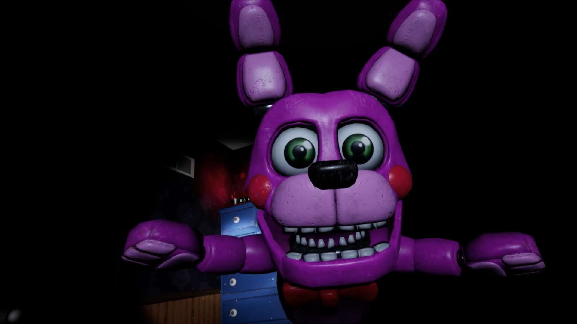 A large purple animatronic animal with two rows of teeth jumps towards the player in Five Nights at Freddy's: Help Wanted