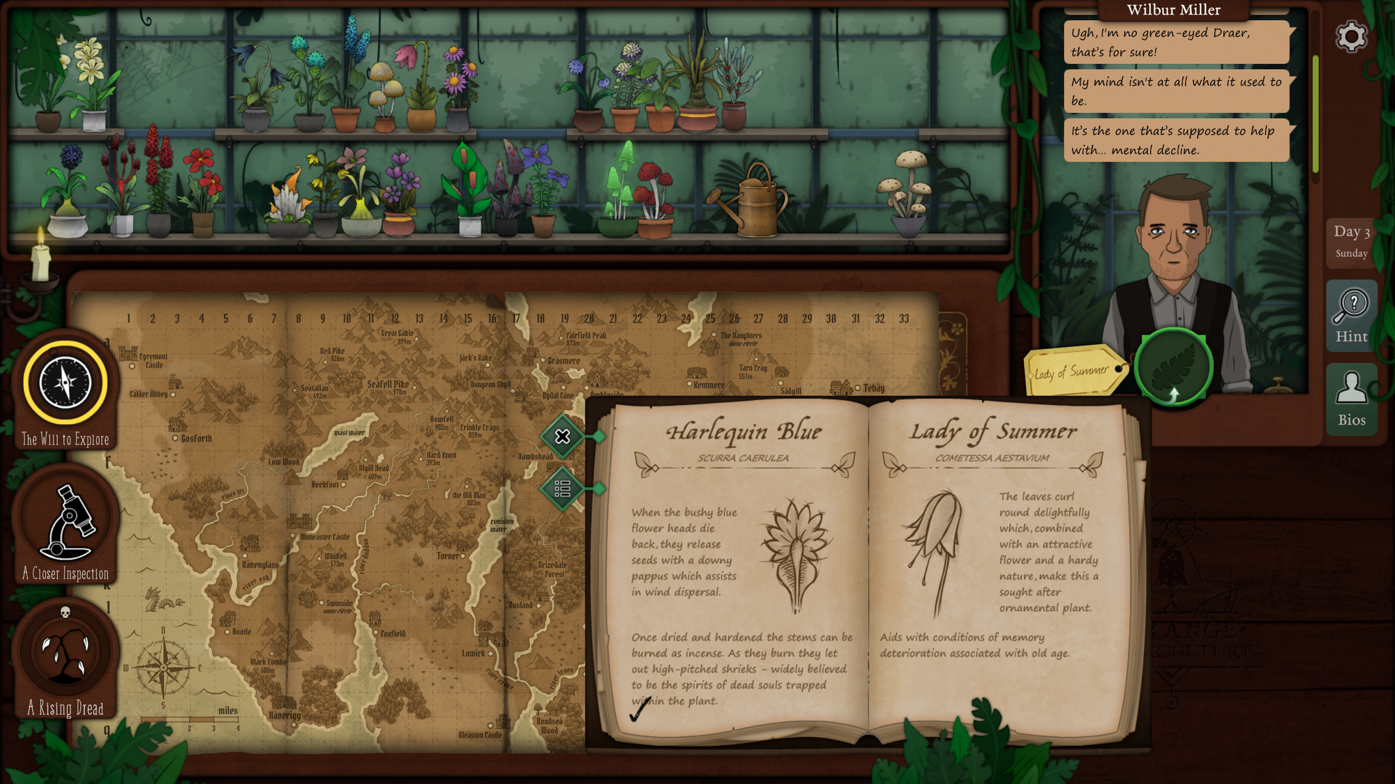 The player observes a book filled with images of flowers, with a large map in the background. A middle-aged male customer waits to be served in the shop.