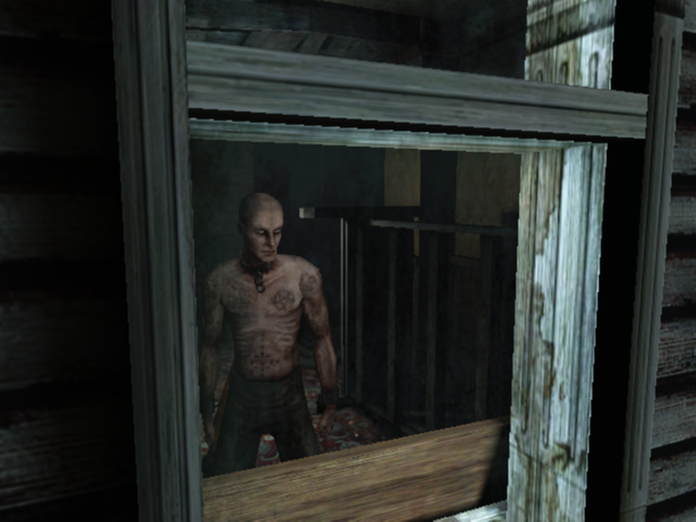 A tattooed man with a chain collar stares out of a window in Call of Cthulu: Dark Corners of the Earth
