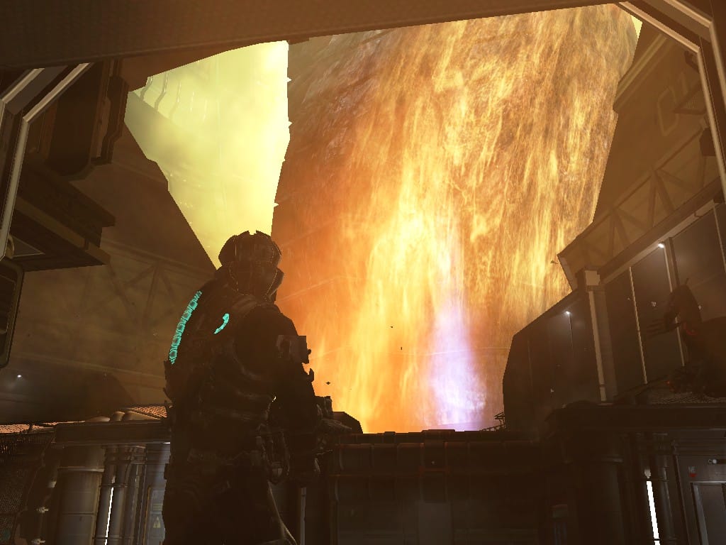 Dead Space 2 protagonist Isaac Clarke stands before a flaming alien structure.
