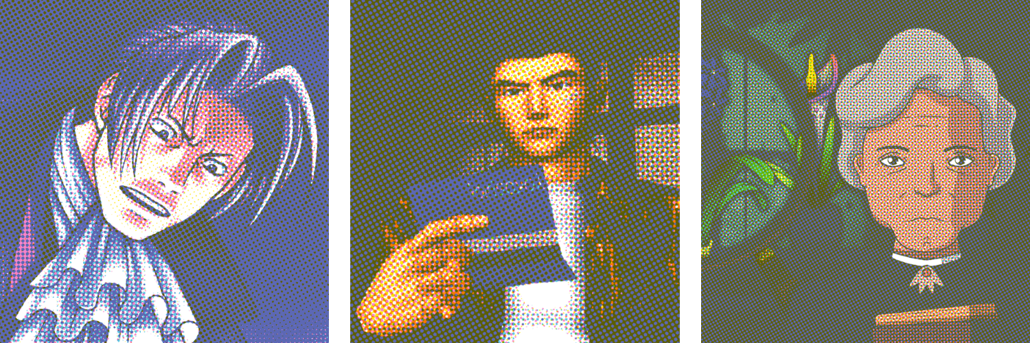 A collage of this month's Archetypes pieces, showing characters from Ace Attorney, Shenmue and Strange Horticulture.
