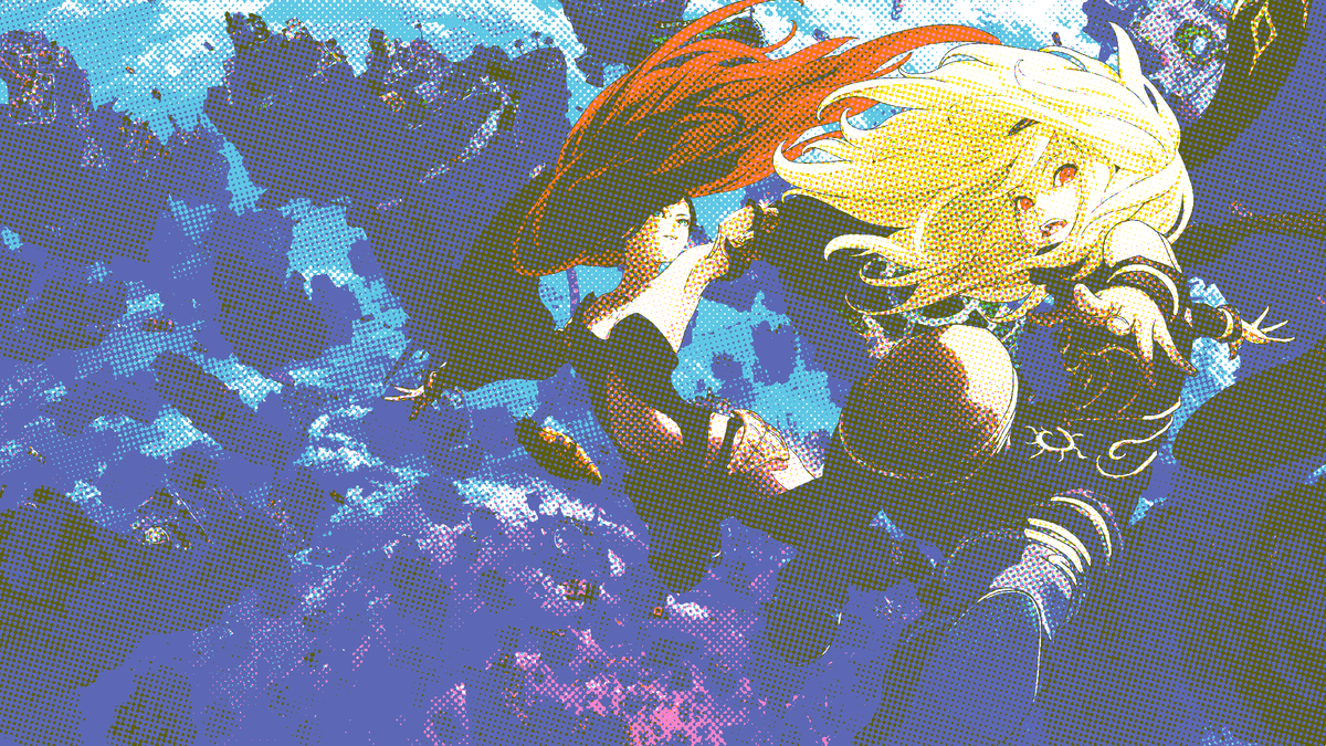 The Gravity Rush 2 protagonists fall through the air, with flying islands in the background. 
