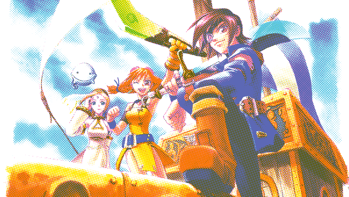 Official game art for Skies of Arcadia, showing the cast standing on board a flying boat. 