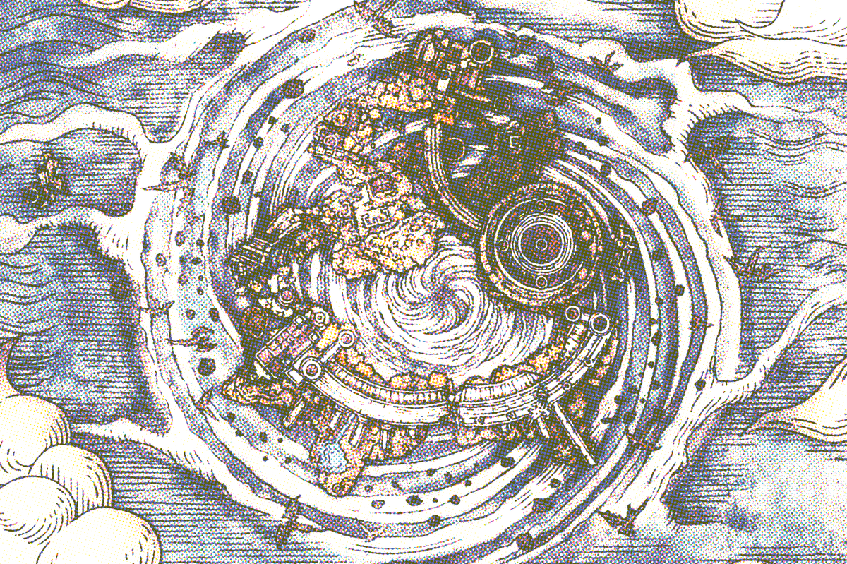 A map of a flying city in Elden Ring, caught up in a magical windstorm, with debris and dragons surrounding it. 