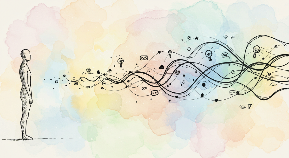 A pen sketch of a human silhouette on a watercolor background. Abstract lines with icons representing ideas and communication flow outwards from the figure. 