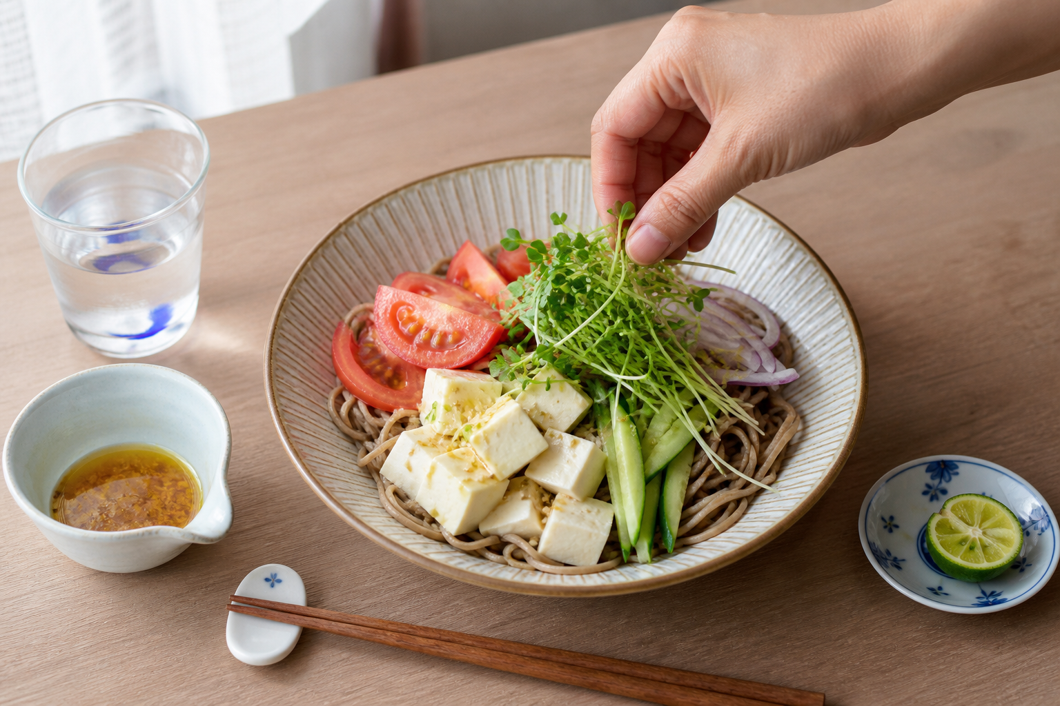 手把青花椰苗放上番茄、豆腐與小黃瓜搭配的夏季蕎麥麵