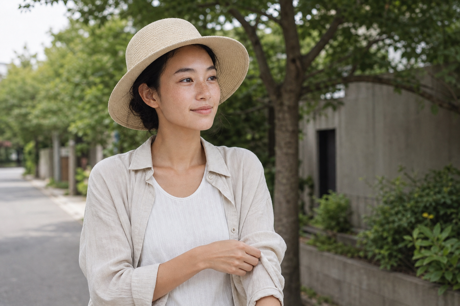 Eve 戴著寬簷草帽,在林蔭住宅巷道整理亞麻襯衫袖口