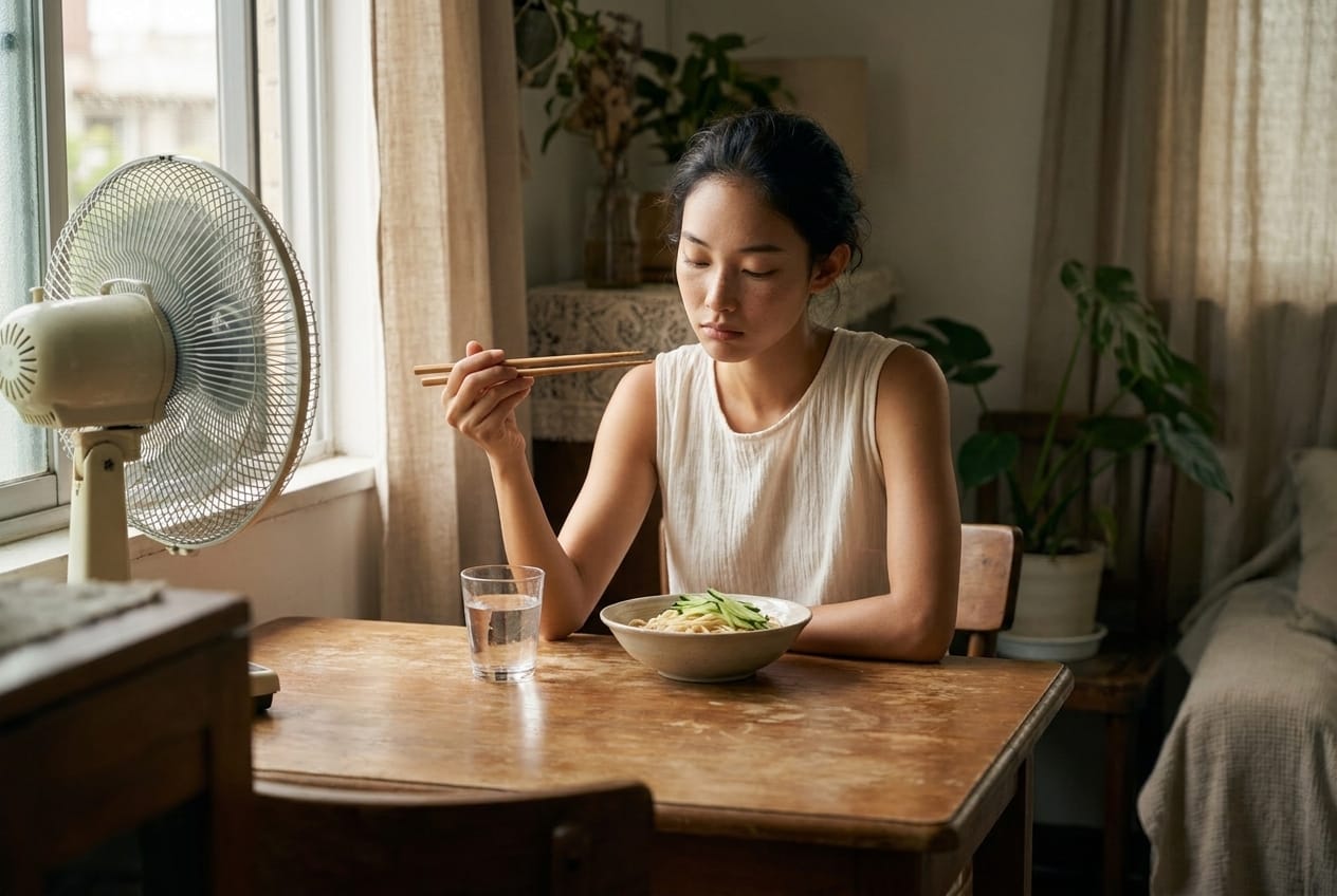 一名女子坐在電風扇旁的餐桌前,拿著筷子面對一碗清淡麵食,神情疲憊