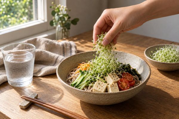 窗邊木桌上，一隻手將青花椰苗加入盛有豆腐、小黃瓜與番茄的蕎麥麵碗。