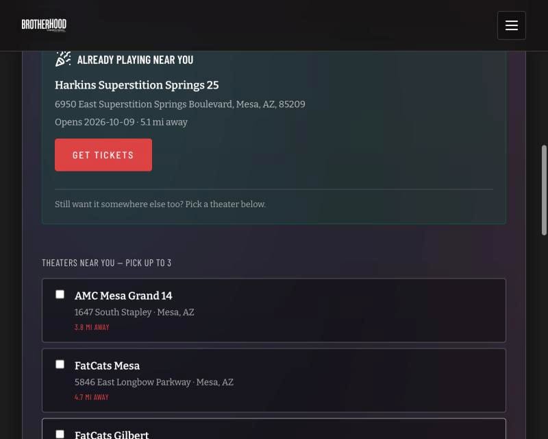 Step two: theaters already playing nearby, and nearby theaters to request