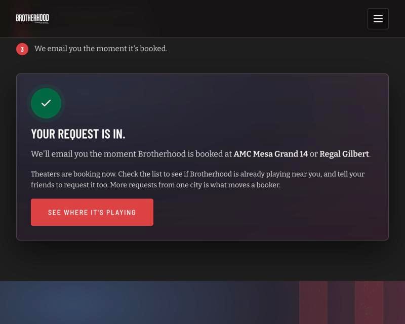 The confirmation screen after a request