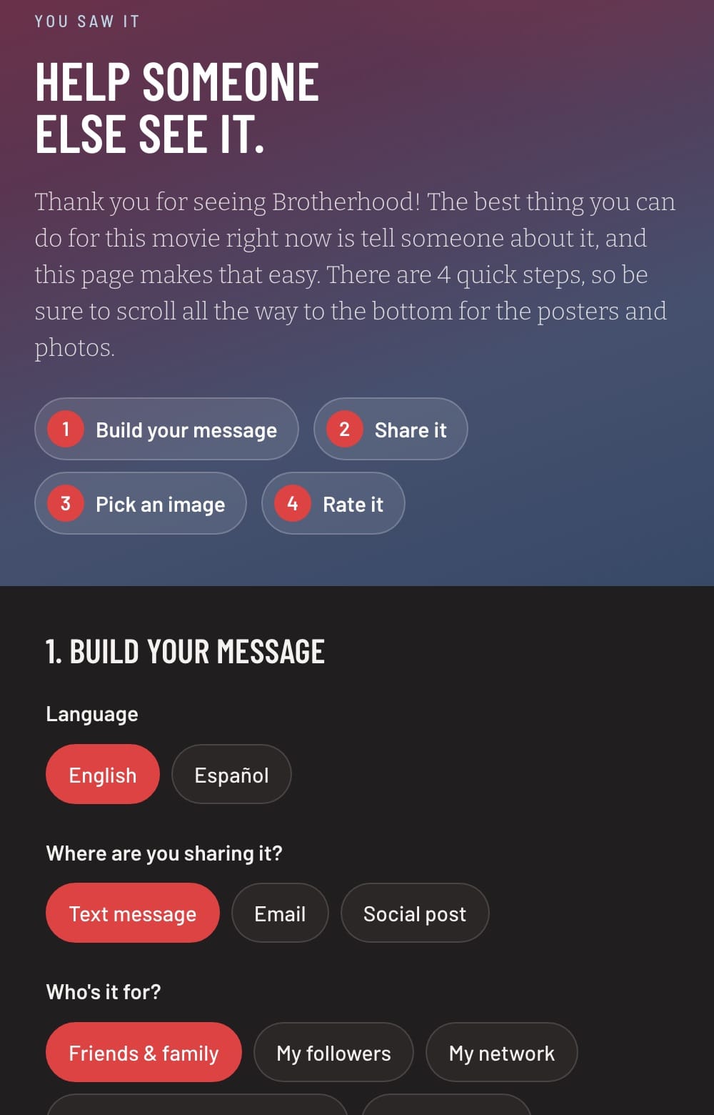 The Brotherhood share page: pick who the message is for, where it goes and the tone