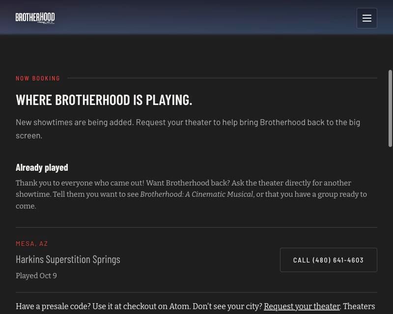 The Where to Watch list on brotherhoodmovie.com/tickets