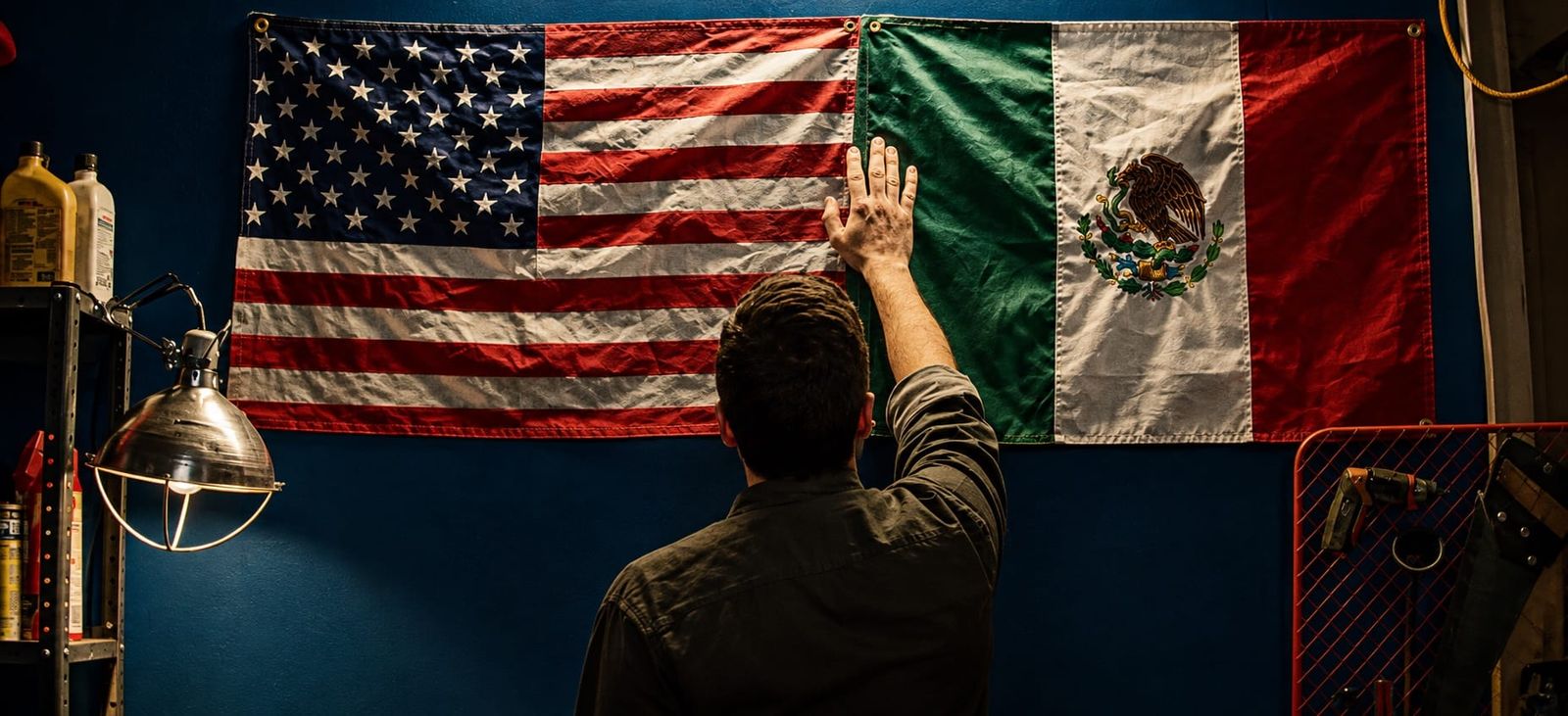 A man rests his hand where an American flag and a Mexican flag meet, a still from Brotherhood