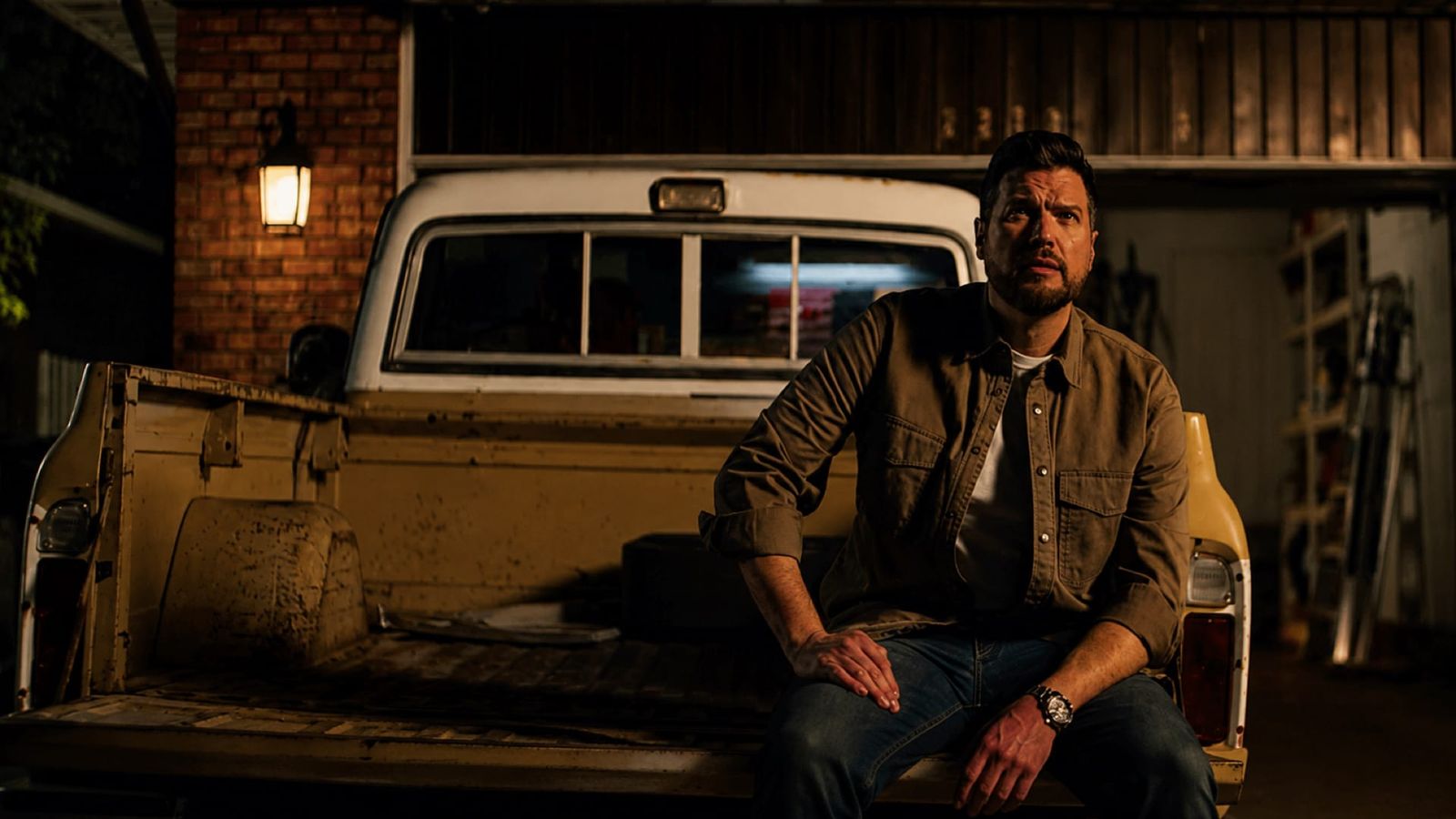 A man sits on the tailgate of his truck at dusk, a still from Brotherhood