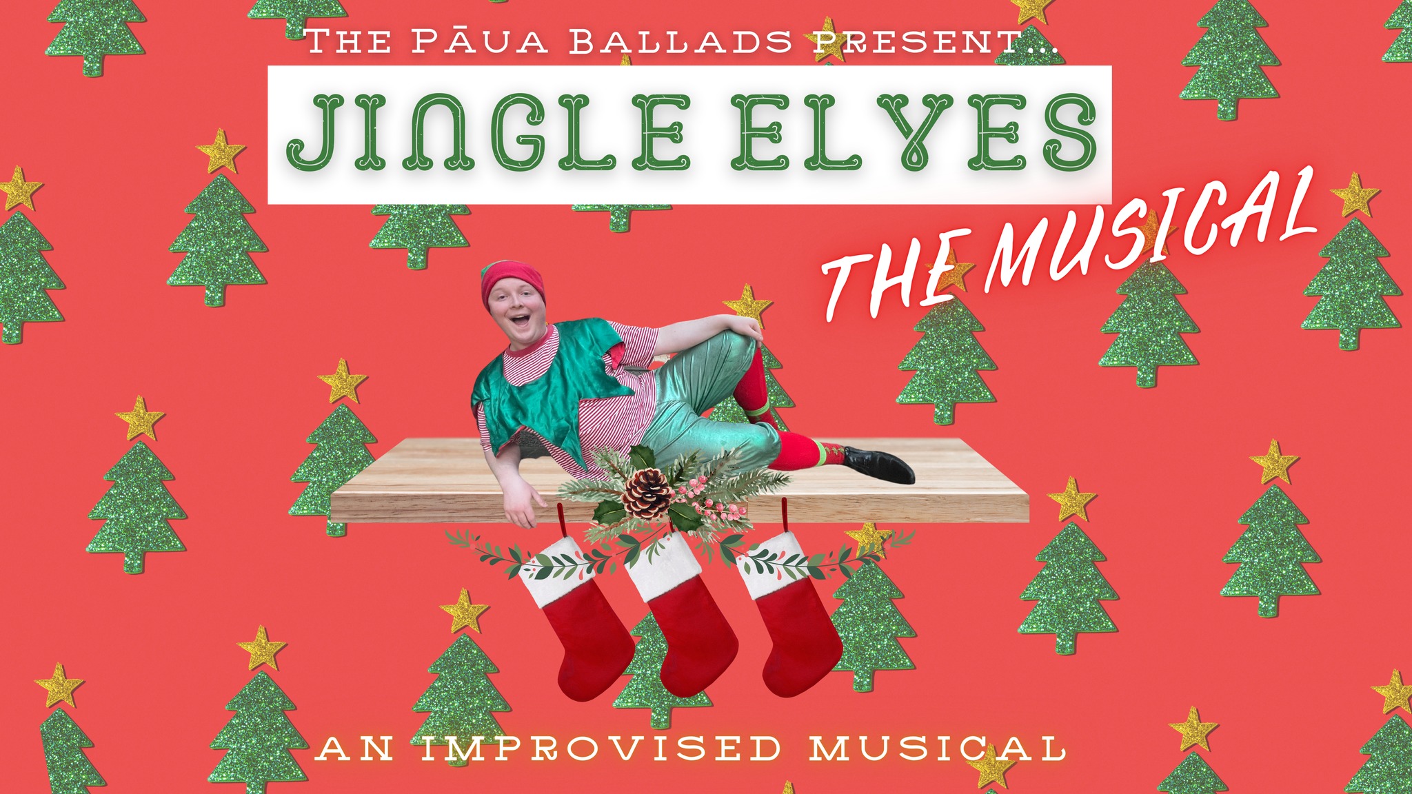 Austin Harrison dressed as an elf, draped across a mantlepiece with stockings hanging from it. Christmas tree background like wrapping paper.
