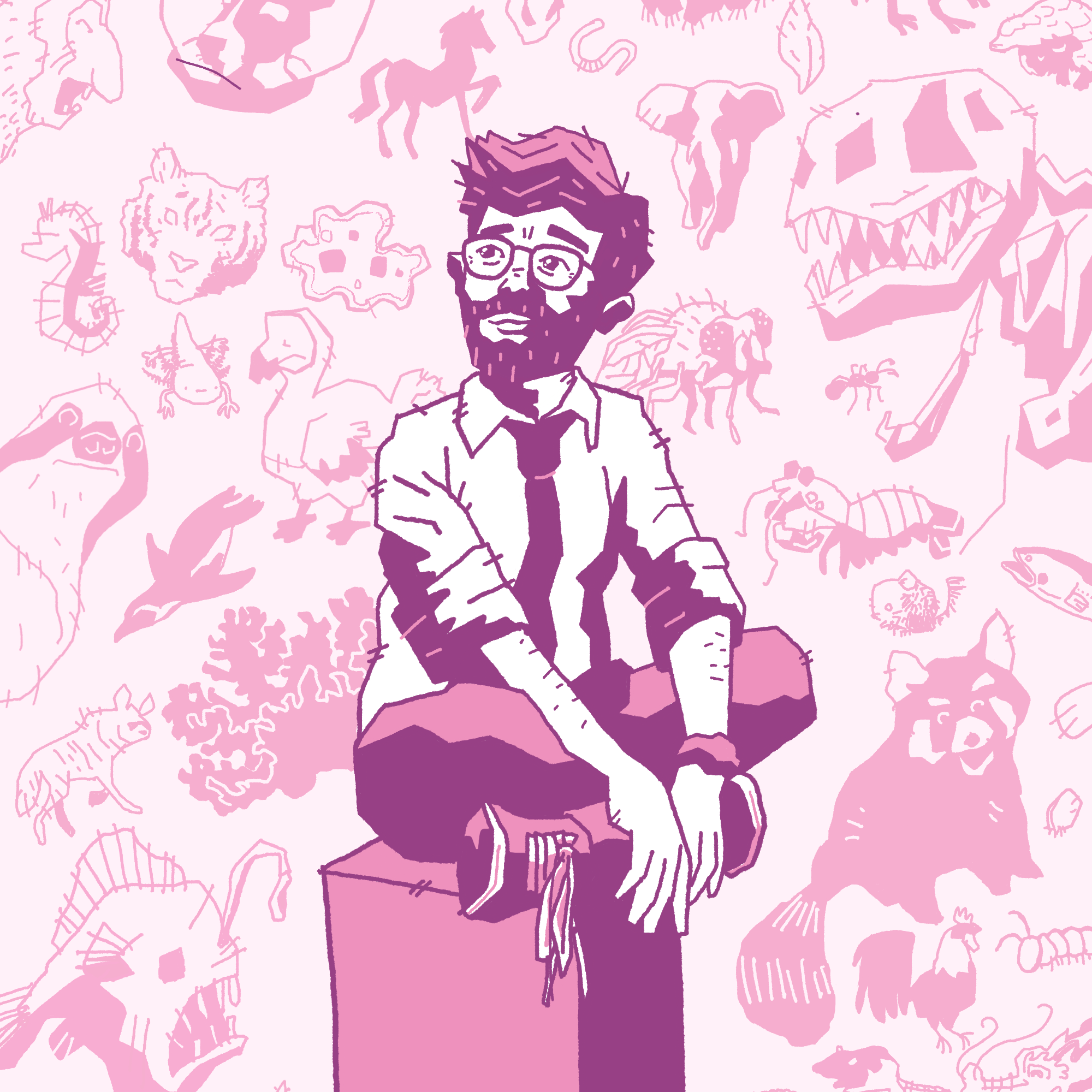 Pink and purple shaded drawing of Matt Powell, sitting on a box looking off thoughtfully. Wearing a white shirt and tie with black pants. In the background are lots of different animals drawn in a similar scratchy style - dodo, tiger, angelfish, shrimp, heaps more.
