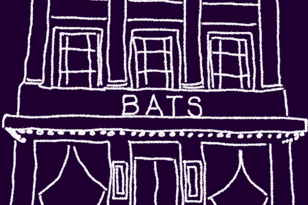 A digitally hand drawn outline of BATS Theatre, white lines on blue background