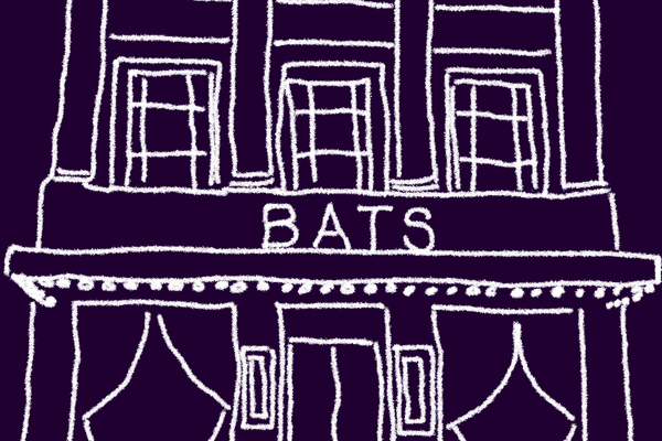 A digitally hand drawn outline of BATS Theatre, white lines on blue background