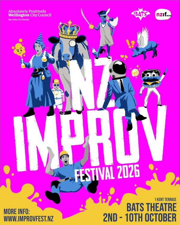 Poster image for NZ Improv Festival. Bright pink, with big text displaying festival info (all included in the newsletter). 