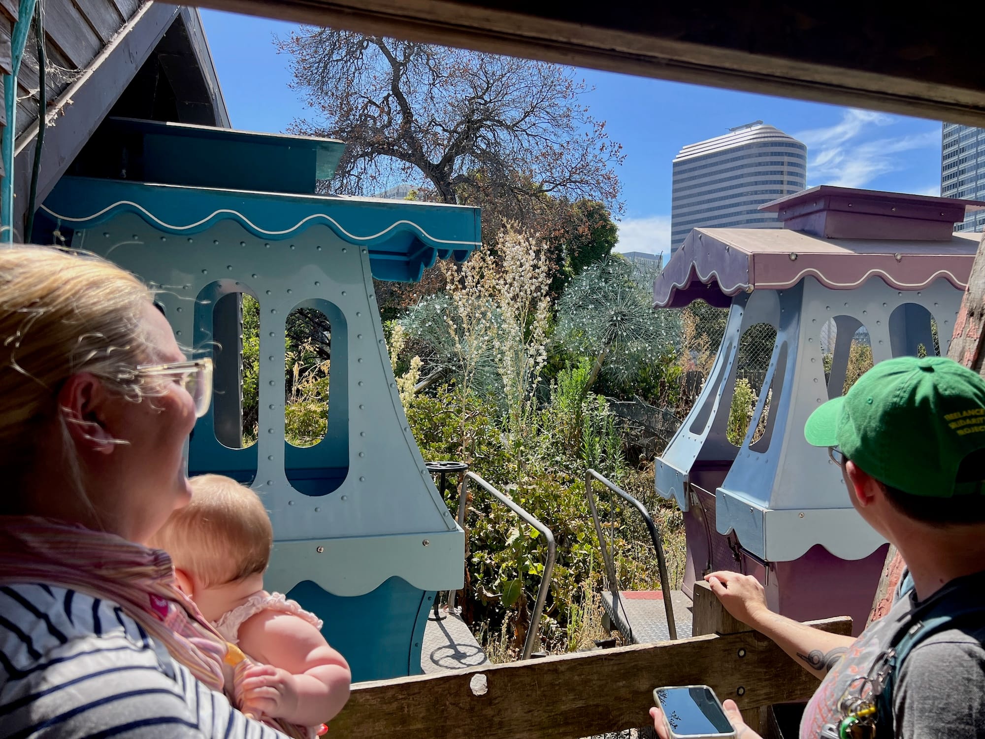 Two people look out at a small, colorful train that is passing by. Between the train cars, you can see the dandelion puffs on the ground.