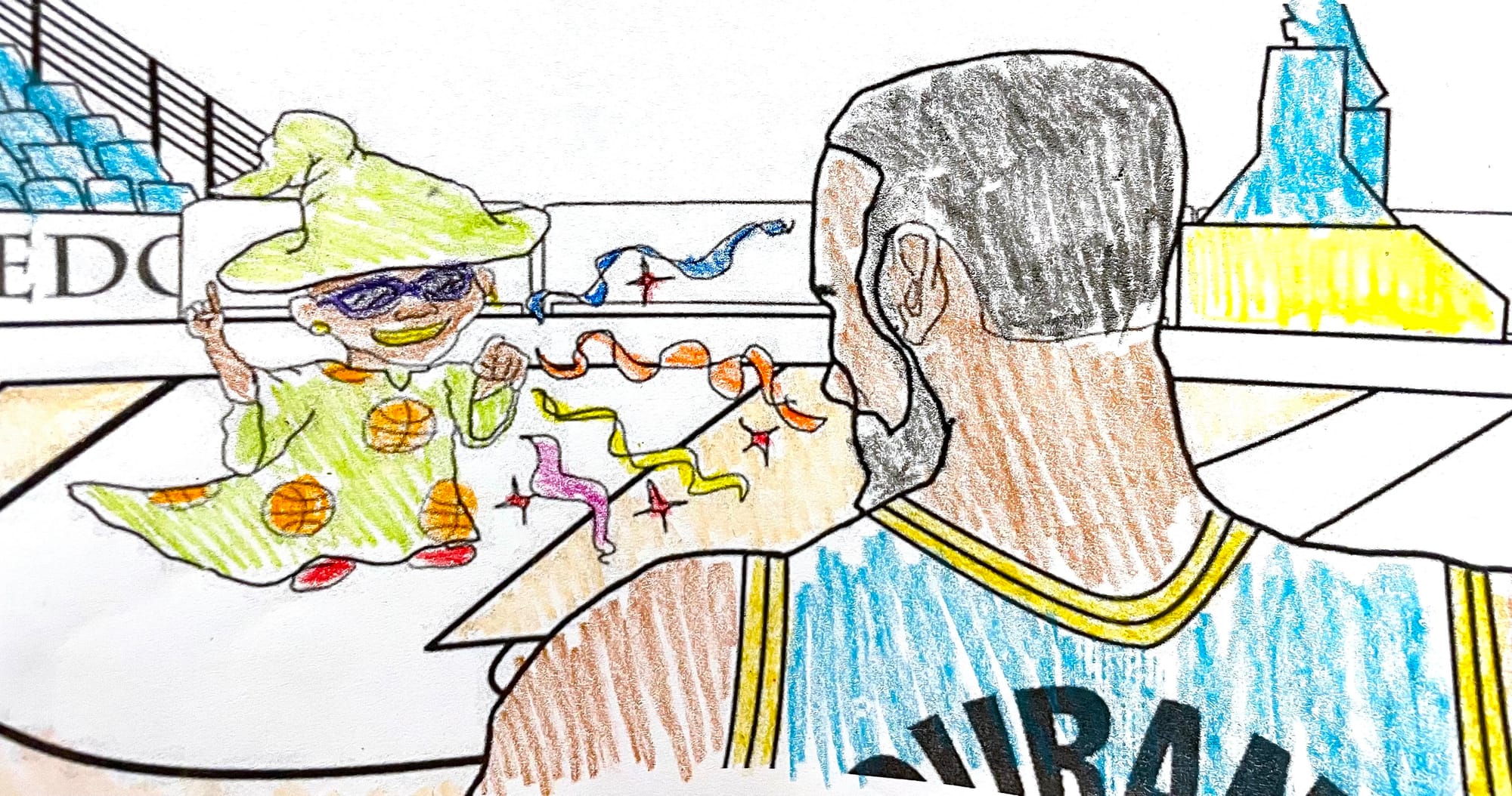 Illustration of a tiny wizard man shooting rainbow streamers at a basketball player wearing a jersey that says "DURANT" in a basketball court.