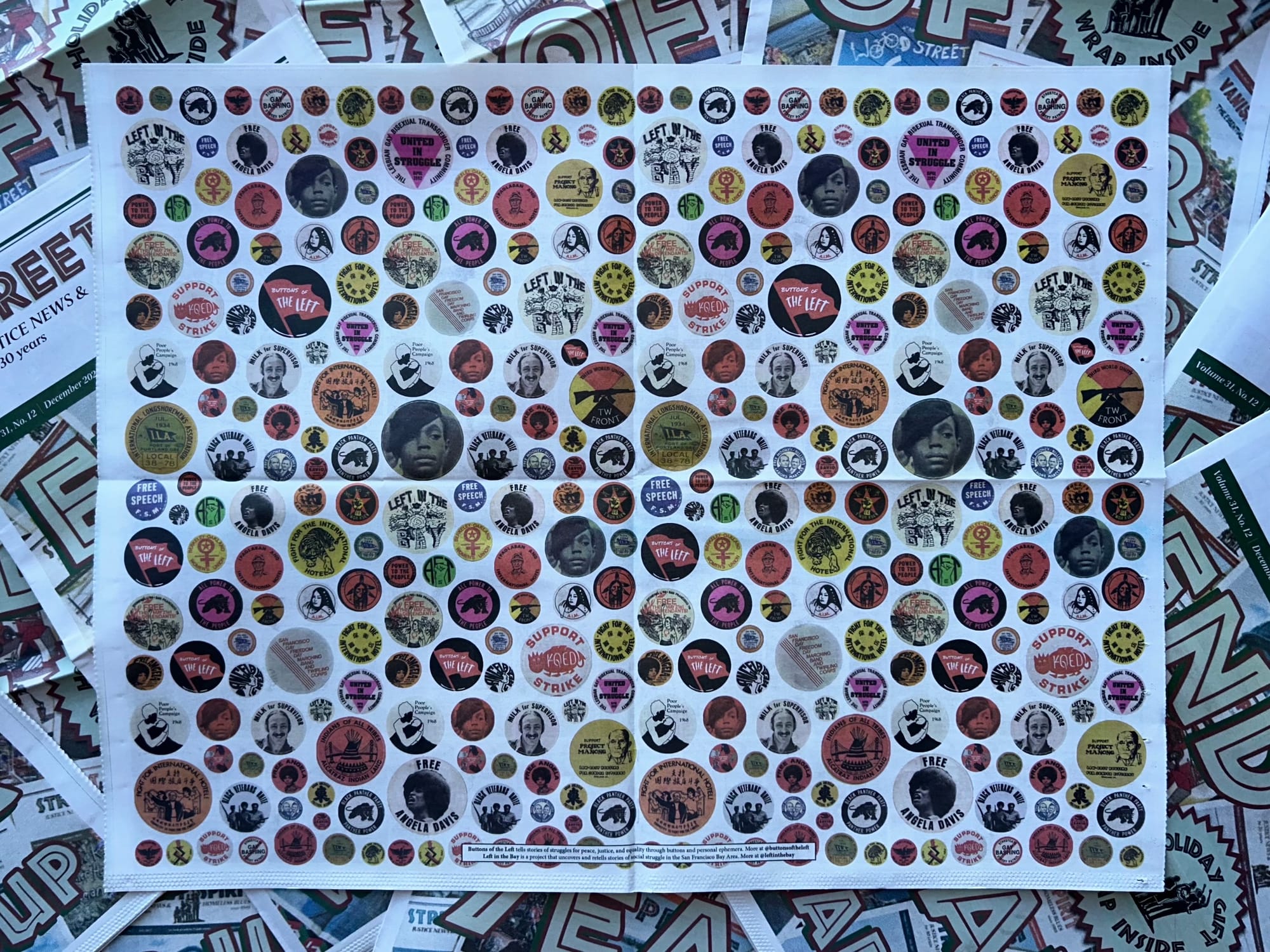 a patterned piece of wrapping paper with images of radical buttons