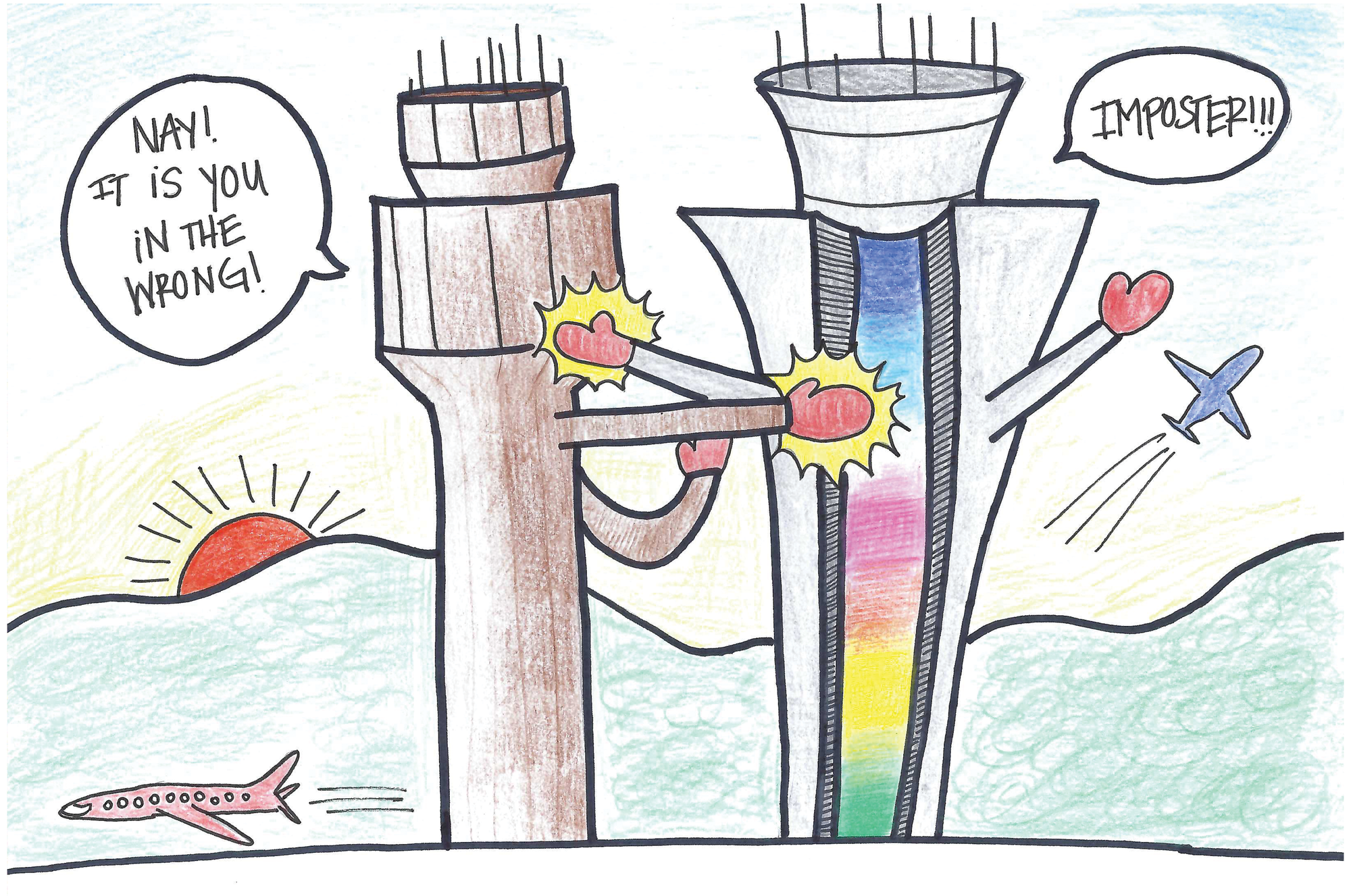 A mediocre illustration showing two air traffic control towers boxing. One says "IMPOSTER!" the other says "Nay! It is you in the wrong!"