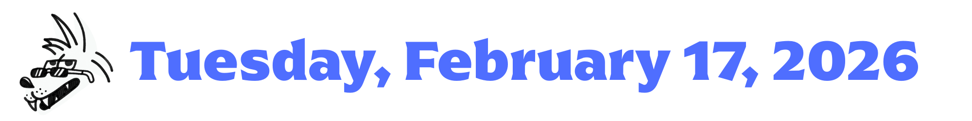 A cartoon coyote next to purple words that say Tuesday, February 17, 2026