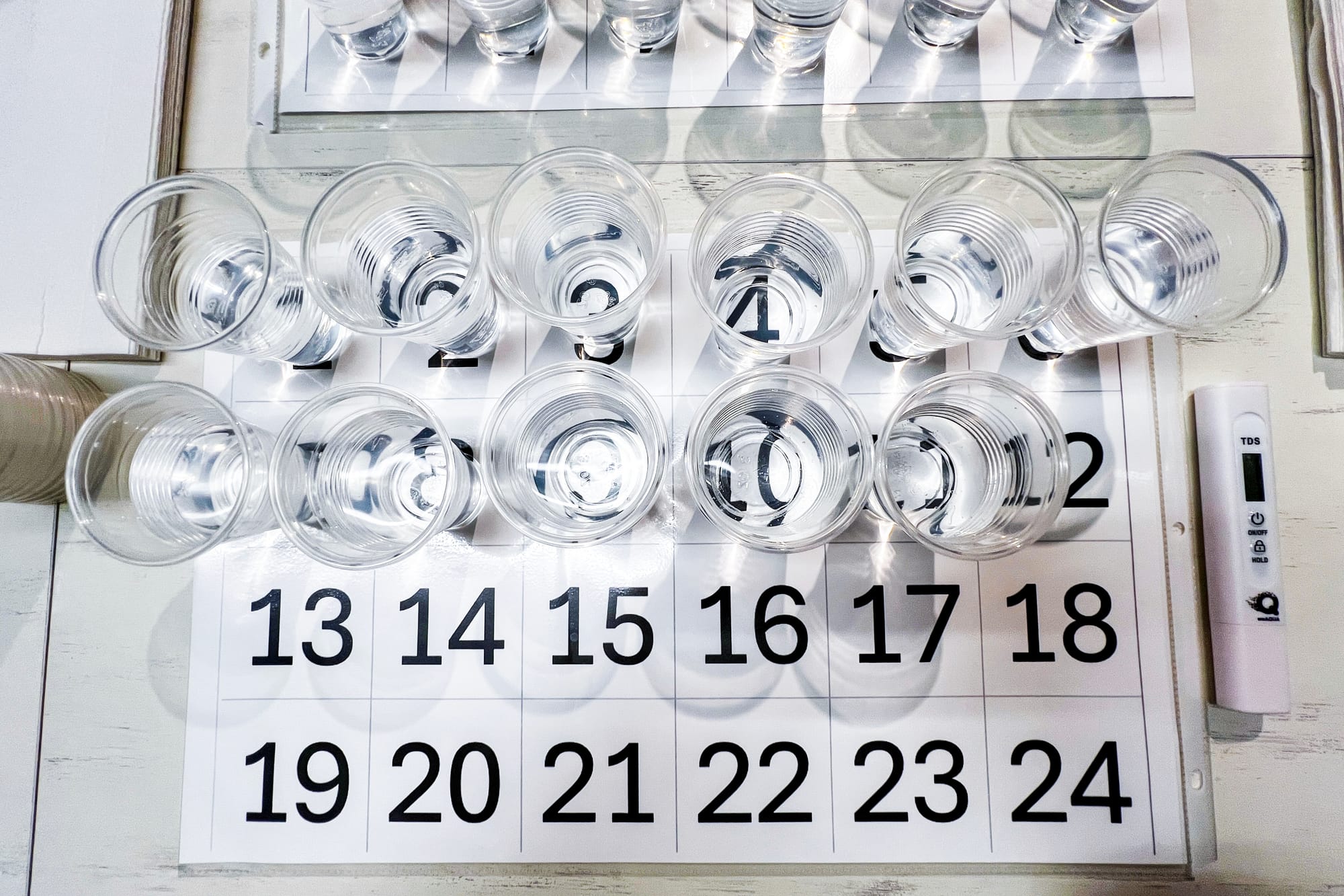 plastic cups of water as seen from above, on a board labeled with black numbers