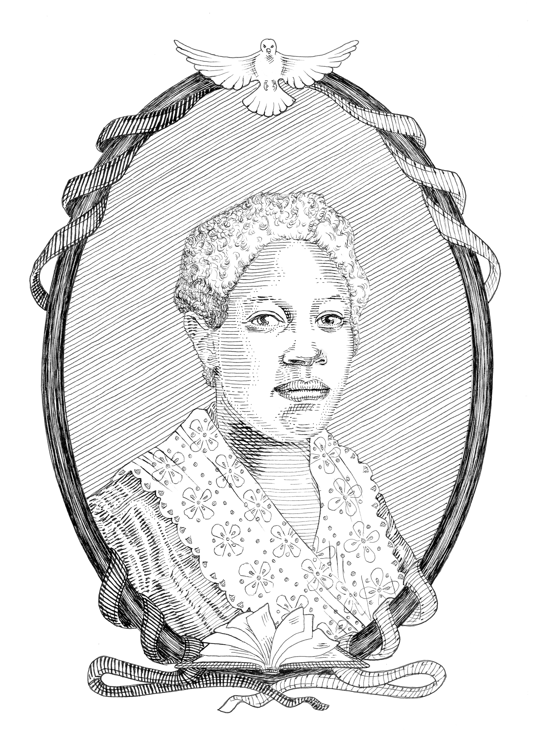 a black and white line drawing of a Black woman in a flowered collar -- Delilah Beasley, a journalist