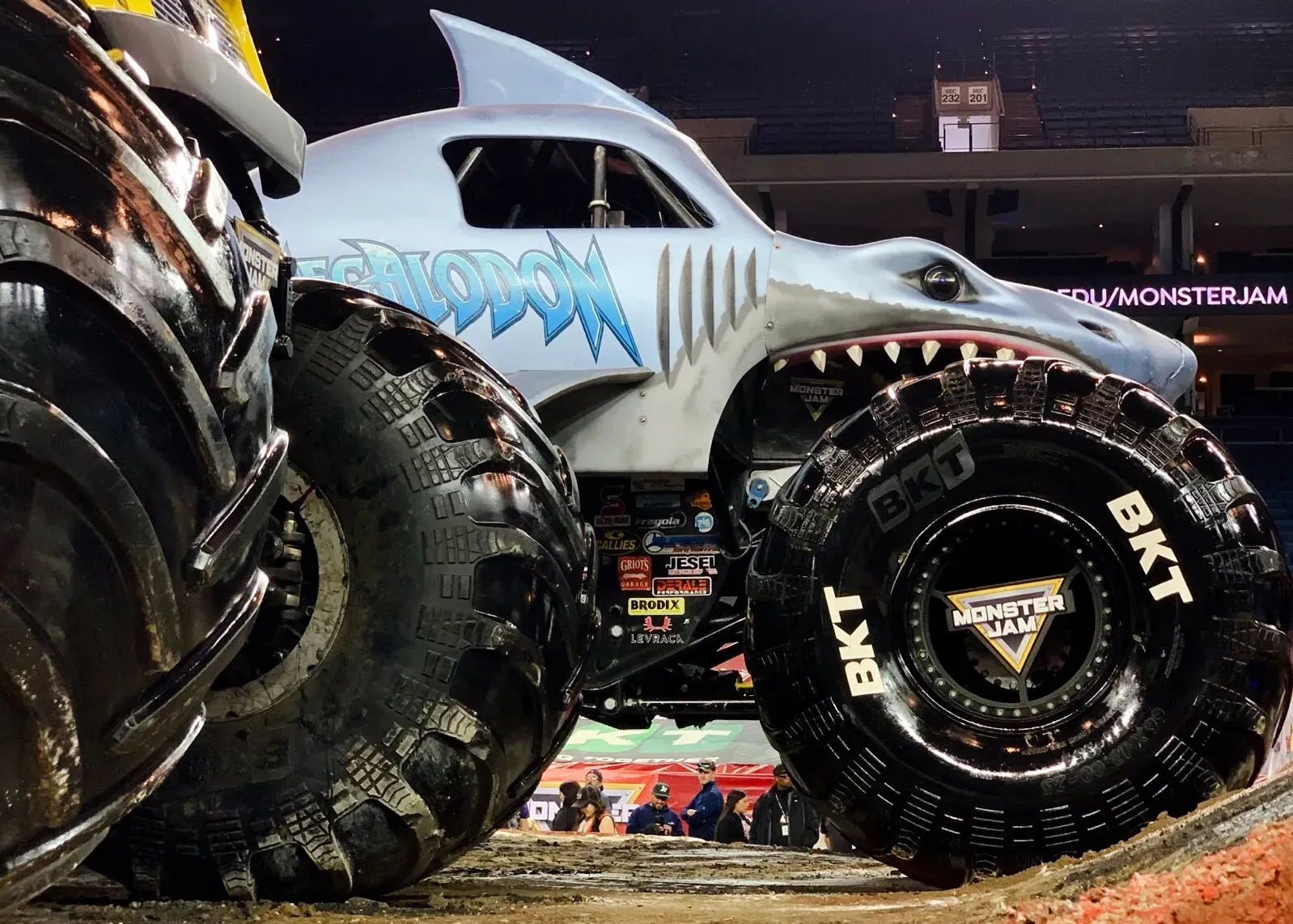 A low-angle close-up of Megalodon, a gray and blue Monster truck in the shape of a shark, fin and all. 