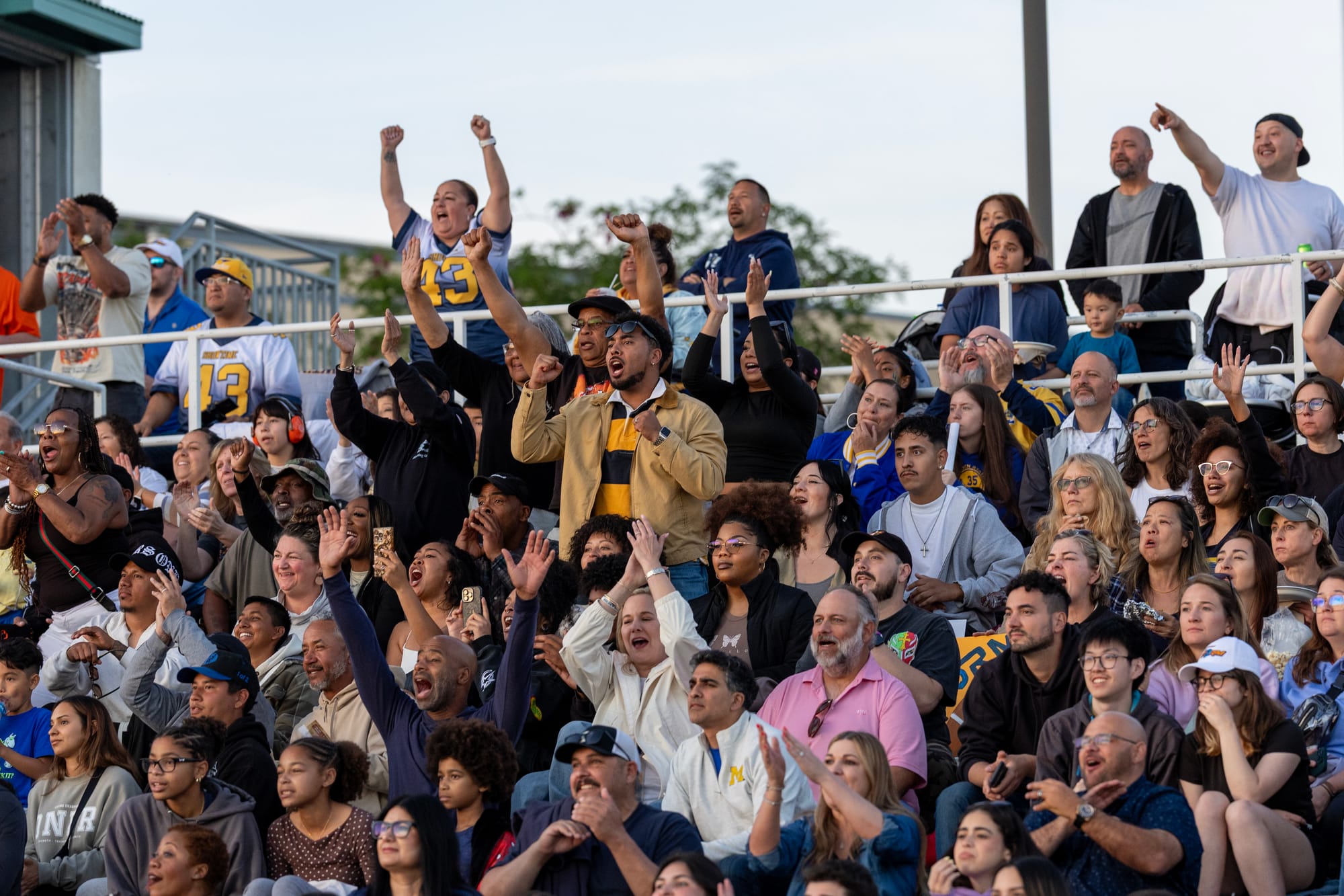 A crowd of people cheers, some standing and putting their arms in the air.