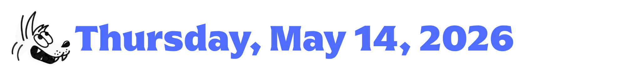 A cartoon coyote next to purple words that say Thursday, May 14, 2026