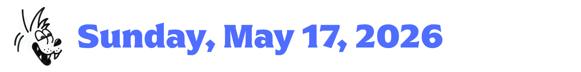 A cartoon coyote next to purple words that say Sunday, May 17, 2026