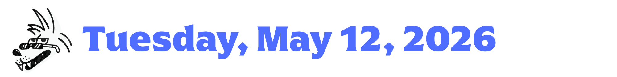 A cartoon coyote next to purple words that say Tuesday, May 12, 2026