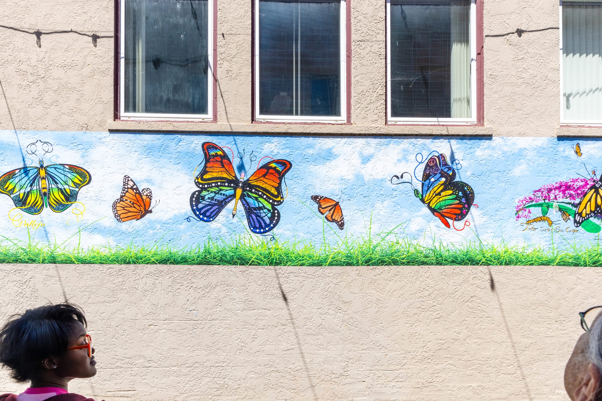 A long skinny mural on a wall featuring six colorful butterflies. In the foreground, two people look at the wall.