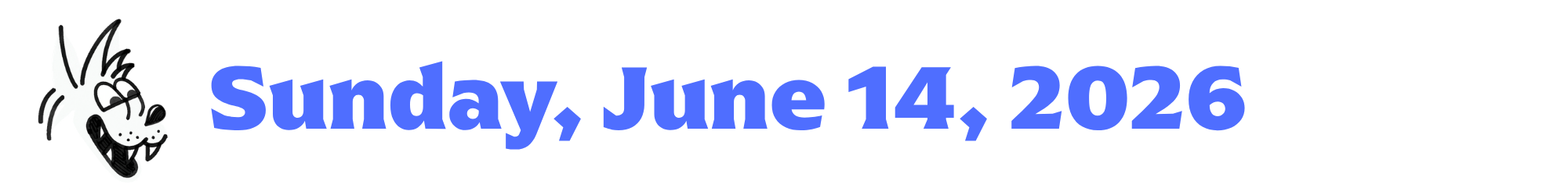 A cartoon coyote next to purple words that say Sunday, June 14, 2026